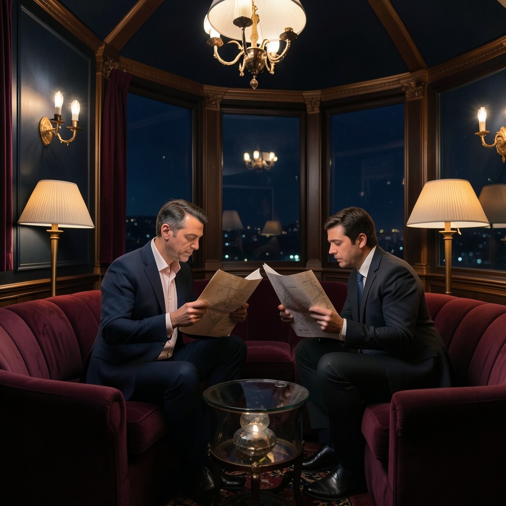 Instructors reviewing Fibonacci marked charts in a velvet-walled observatory-style room