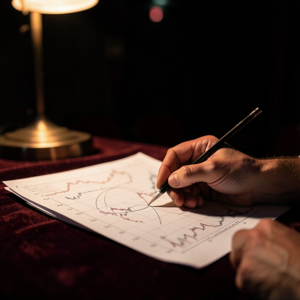 Hands using a metal ruler to mark Fibonacci retracement levels on a printed chart
