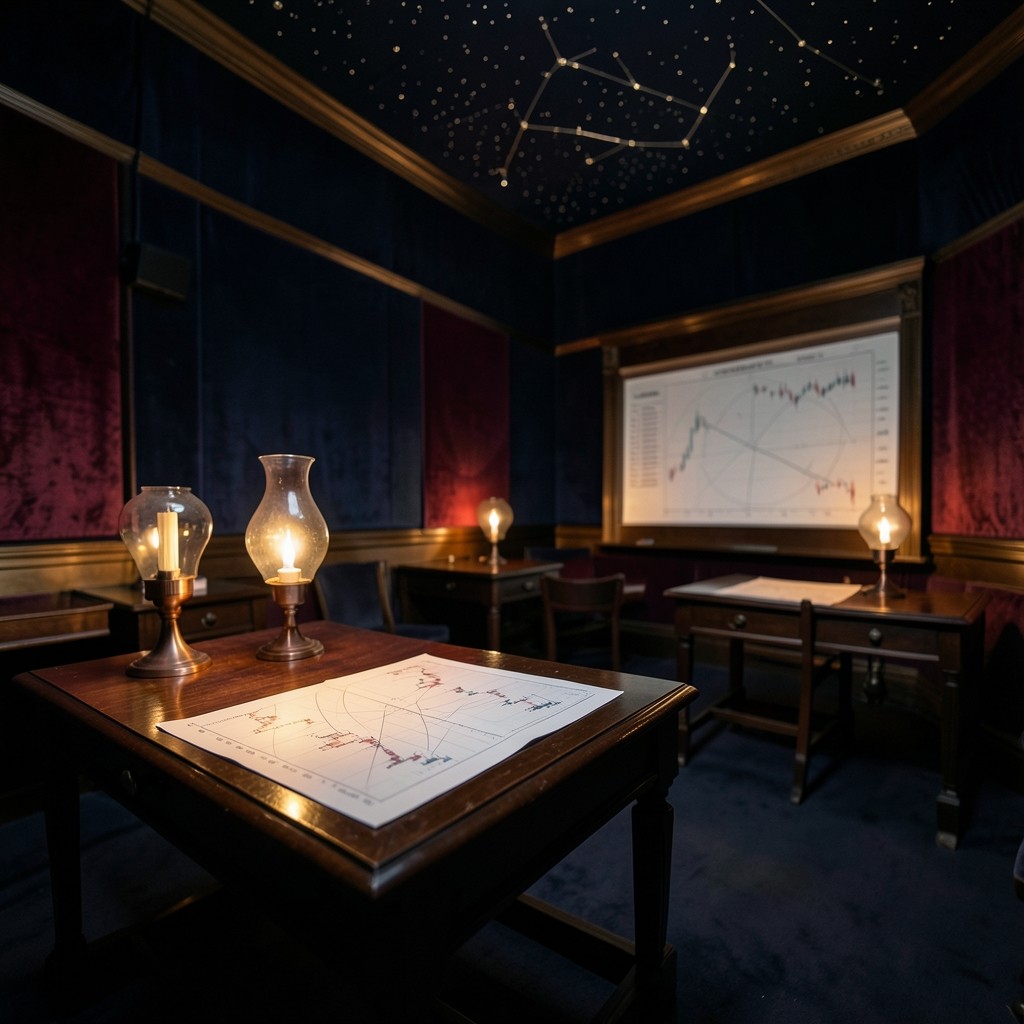 Velvet-walled chart room with copper lamps and annotated price charts ready for Fibonacci practice