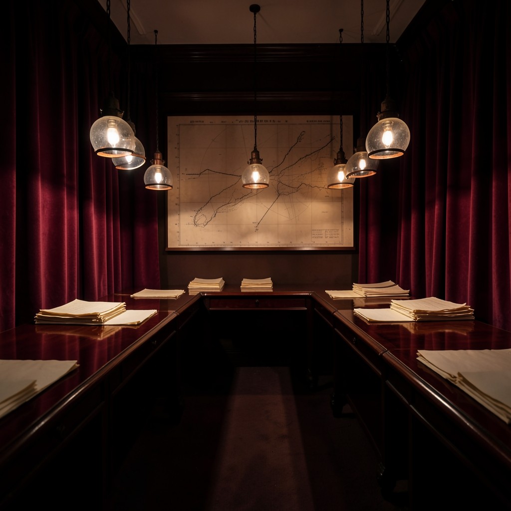 Practice lab table with rulers, copper fixtures, and Fibonacci marked charts under soft lamp light