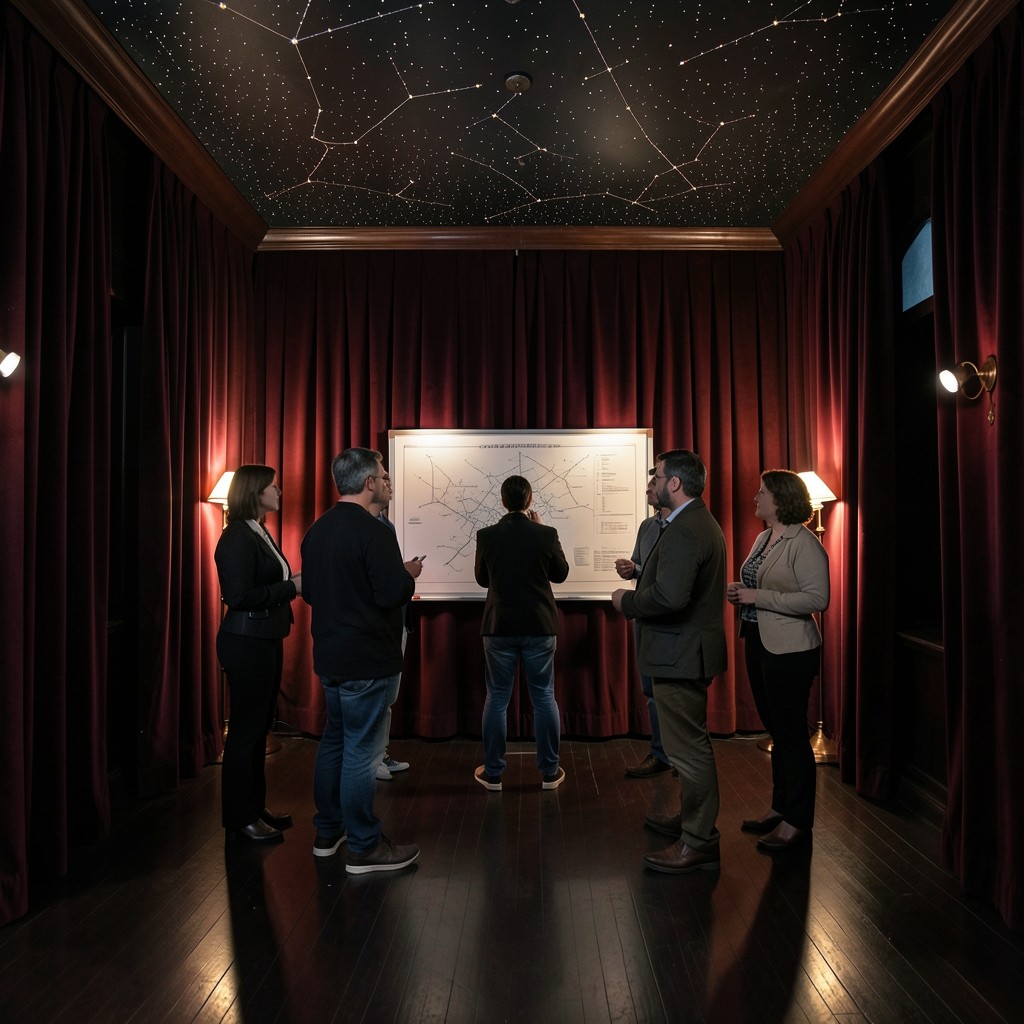 Evening practice circle around a chart board with burgundy walls and constellation ceiling marks