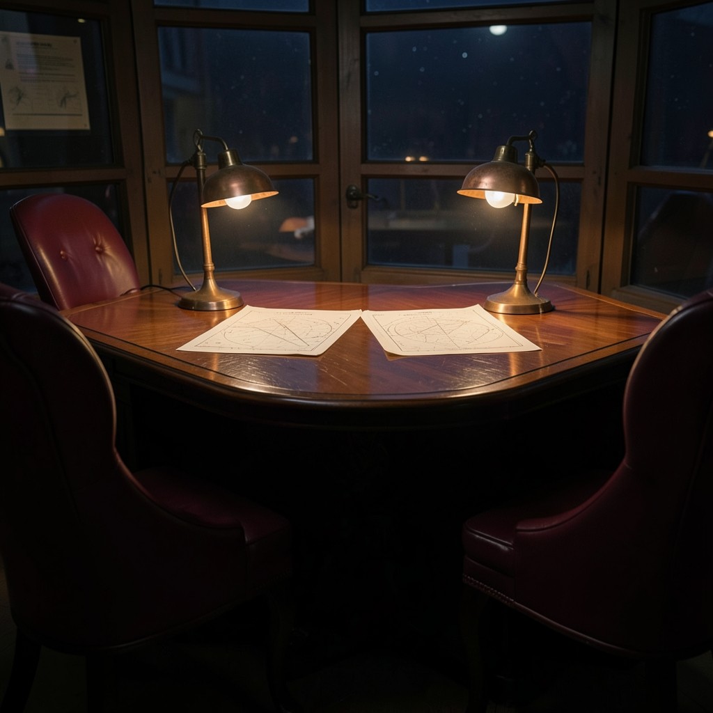 One-to-one chart review desk with dual annotated Fibonacci charts under warm copper lighting