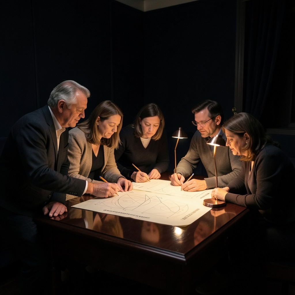 Instructor and participants marking Fibonacci levels on large printed Hang Seng charts